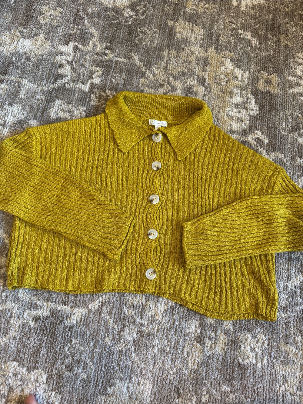 Cropped Ribbed Button-Front Collared Sweater in Mustard